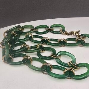 Estate Necklace Green Lucite Chunky Oval Link Gold Tone Toggle 30in